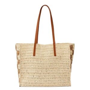 Universal Thread Straw Packable Checker Boxy Tote Handbag in beige NWT